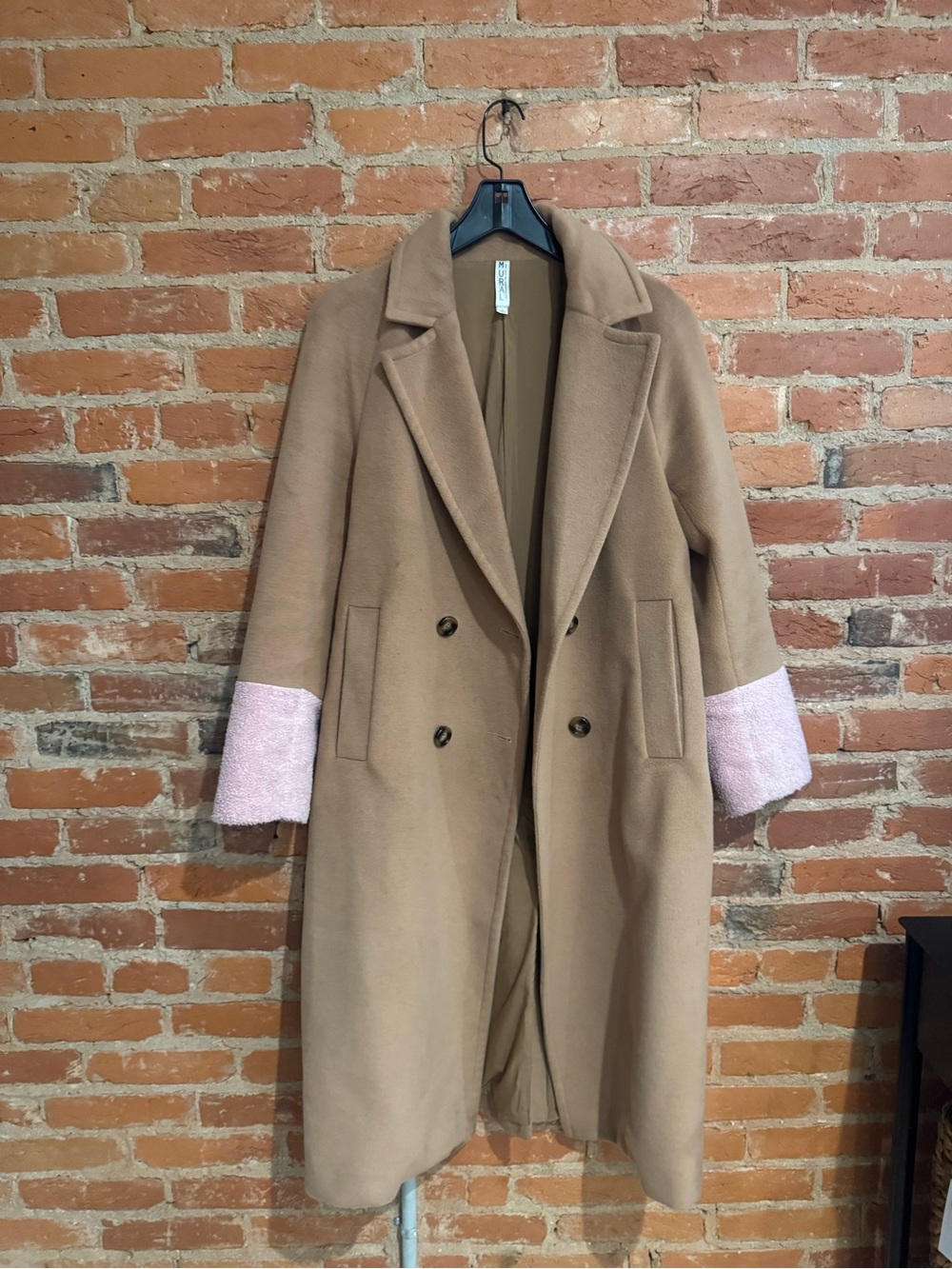 Mural Camel Trench Coat with Pink Cuff Accents
